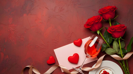 Roses and hearts on a table with wine and card on a red background for valentines day