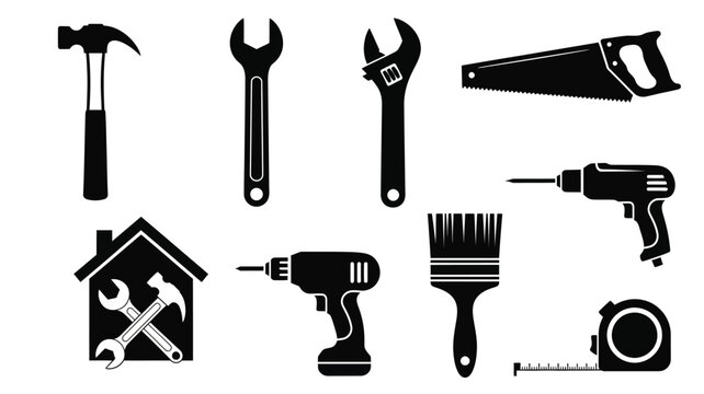 Tools collection including hammer wrench saw and drill black silhouette on transparent background