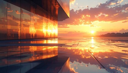 Modern Glass Building Sunset Reflection Waterfront Golden Hour Architecture Glow