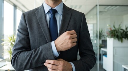 Business Attire Adjustment by Professional in Modern Office Environment