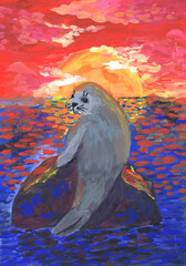A seal sits on a rock against the setting sun. Children's drawing