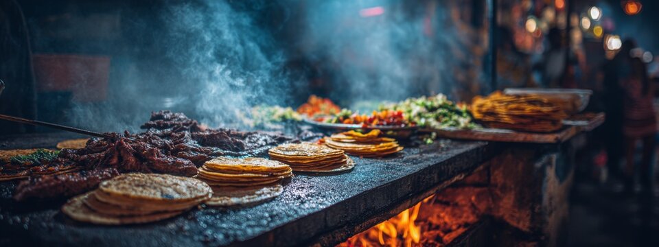 Freshly Grilled Carne Asada Tacos at a Vibrant Street Stand Surrounded by Smoke and Flavorful Ingredients