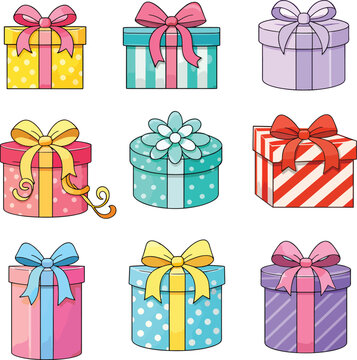Colorful Gift Box Set with Ribbons and Bows Flat Illustration
