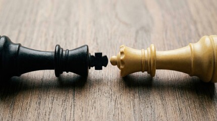 Chess Match Finale, Kings in Conflict, Wooden Board, Photo, Closeup, Intense Focus