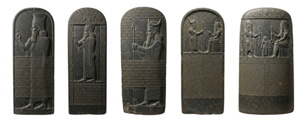 Inscribed stone slabs featuring ancient Babylonian reliefs and cuneiform text on a transparent background