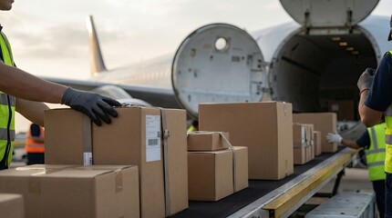 Packages Handled by Workers at Airport Terminal in Bright Environment