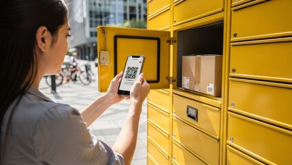 Woman Picking Up Package from Automated Smart Parcel Locker. Represents e-commerce logistics, convenience, and contactless delivery.