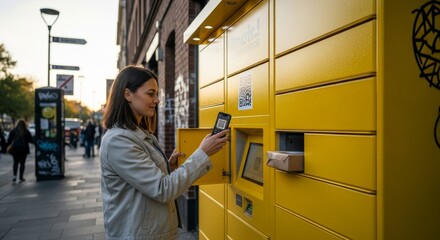 Woman Picking Up Package from Automated Smart Parcel Locker. Represents e-commerce logistics, convenience, and contactless delivery.