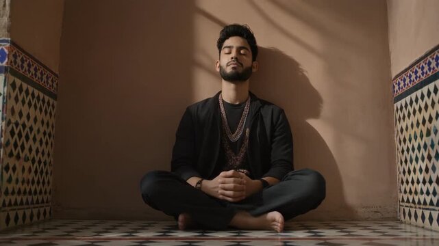 Man Meditating in Moroccan Style Room.