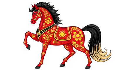 Vibrant Red Folk Art Horse Illustration With Golden Floral Patterns