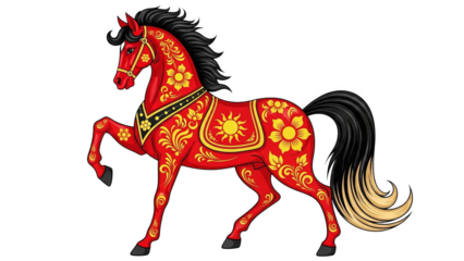 Vibrant Red Folk Art Horse Illustration With Golden Floral Patterns