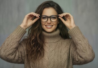 smiling woman with long hair adjusting glasses while wearing a cozy knit sweater