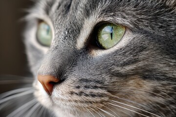 Macro-style cat portrait: gray fur and whiskers in a serene close-up scene