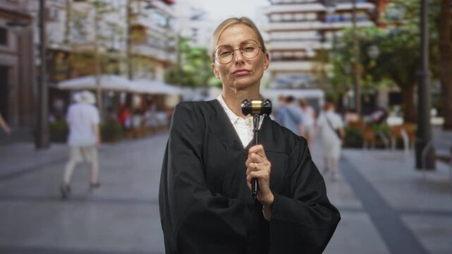 Woman judge in robe holds gavel with crossed arms and stern glance in street plaza cafe; authority judgment fairness.