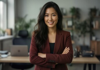 confident asian businesswoman smiling with arms crossed in modern office setting