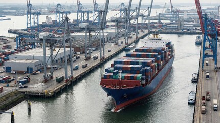 Container Ship Navigating Port, Waterfront, Aerial View, Industrial Environment