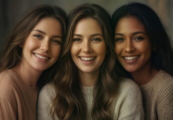 diverse smiling women close up portrait, friendship and beauty concept