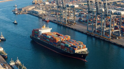 Aerial View of Container Ship Unloading Cargo at Busy Port, Maritime Industry, Urban Environment