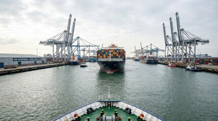 Docked Cargo Ship in Industrial Port during Cloudy Day - Transportation Photography