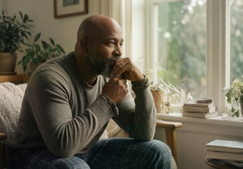thoughtful mature man gazing out window, contemplative and serene in cozy home setting.