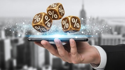 Hand holds a smartphone with three percentage dice hovering above it, illustrating concepts of online sales, discounts, and financial offers.