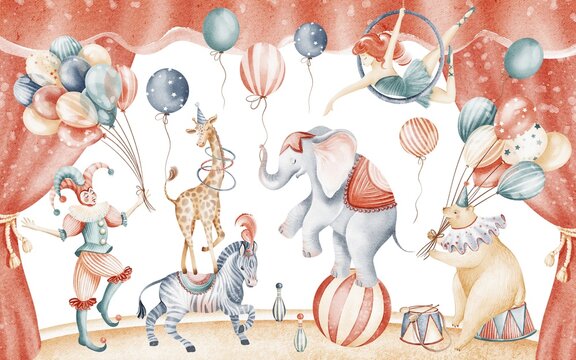 Watercolor illustration of a circus performance with elephants, bears, acrobats, and juggling acts on stage. Theatrical scene. Drawing for children, nursery, birthday cards, posters, and invitations.