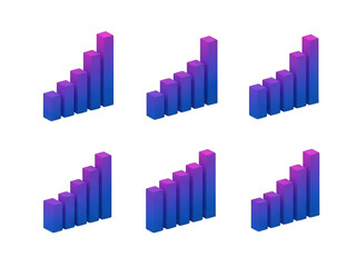 Collection of six 3d bar graphs in purple and blue isolated on transparent background