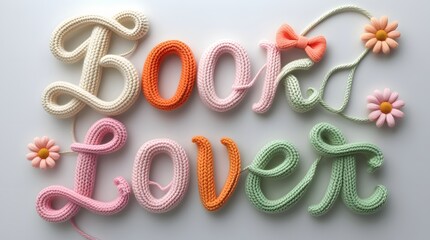 Cozy "Book Lover" Woolen Text with Cream, Pink, Green, and Orange Knitted Details
