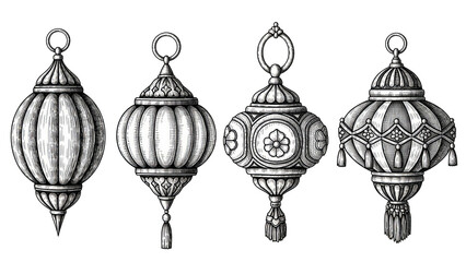 Vintage Ornate Lanterns Handdrawn Illustration Set On Black