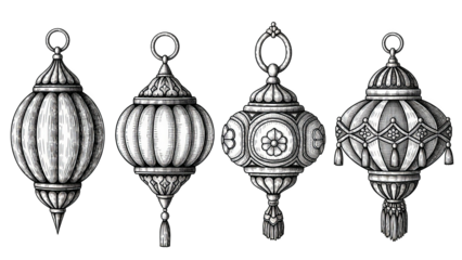 Vintage Ornate Lanterns Handdrawn Illustration Set On Black