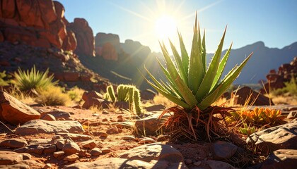 Desert agave plant thriving in golden sunlight with red rock formations and clear blue sky