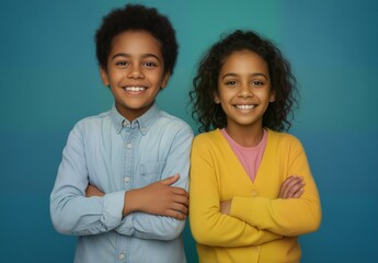 smiling african american siblings with arms crossed on blue background.
