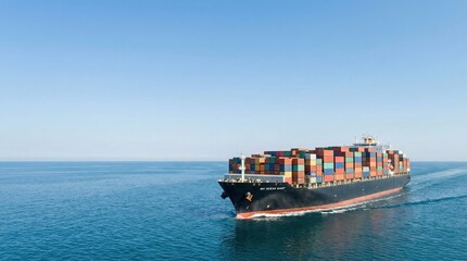 Container Ship Navigation, Maritime Transport, Ocean Waters, Photography, Clear Skies, Aerial View, Global Trade