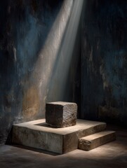 A worn stone block sits on simple steps, illuminated by gentle light in a legacy background, creating a unique focus in the setting.