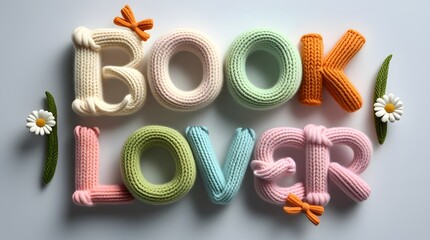 "Book Lover" 3D Knitted Typography with Wool Flowers and Bows on White Background