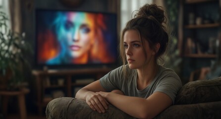 pensive young woman watching emotional drama on television at home.