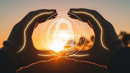 Hands forming a protective gesture around a glowing digital padlock icon against a vibrant sunset, symbolizing cybersecurity and data protection.