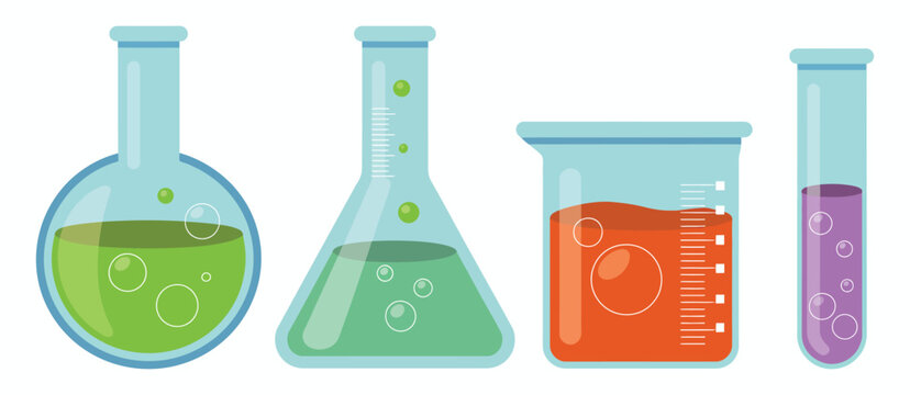 Laboratory Glassware with Colorful Liquids for Science Experiments, Illustrating Chemistry Beakers, Flasks, Test Tubes with Vibrant Solutions, Education, Scientific Research, Lab Work, Web Design