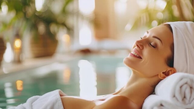 A woman enjoys relaxing in the pool with her eyes closed, enveloped in an atmosphere of tranquillity &mdash; the perfect atmospheric backdrop for advertising spas or health resorts.
