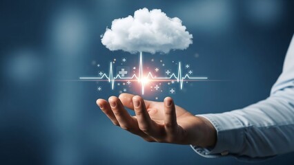 Human hand gently holds an illuminated heartbeat line with medical crosses and a healthy cloud above.