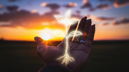 Human hand gently holds a glowing, digitally enhanced plant sprout with roots against a beautiful, warm sunset backdrop.