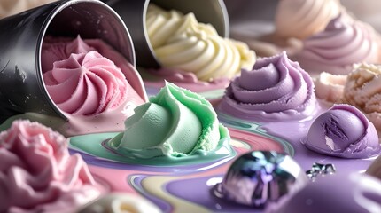 Close-up of Shimmering Pastel Ice Cream Scoops in Metal Buckets