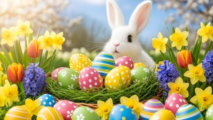 Easter bunny surrounded by colorful eggs and spring flowers