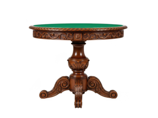 Intricate wooden poker table with green felt top isolated on transparent background