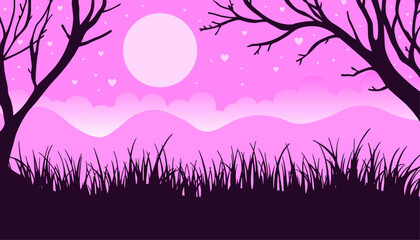 Romantic pink fantasy landscape with moon, heart shapes in the sky, tree and grass silhouettes, creating a dreamy love themed background ideal for Valentine’s Day designs, greeting cards, wallpapers.