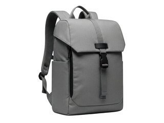 Modern gray backpack with adjustable straps and buckle closure isolated on transparent background