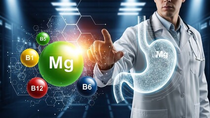 Medical doctor points to a glowing stomach and vitamin symbols, illustrating nutrition and digestion.