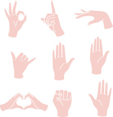 Obraz premium Collection of nine pastel pink hand gesture illustrations on a white background sign symbol