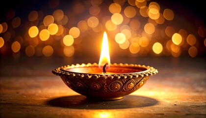 Warm diya lamp with flickering flame and golden bokeh lights