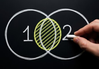 Hand Drawing Venn Diagram on Chalkboard Highlighting Intersection for Strategic Business Comparison and Shared Opportunity Analysis.